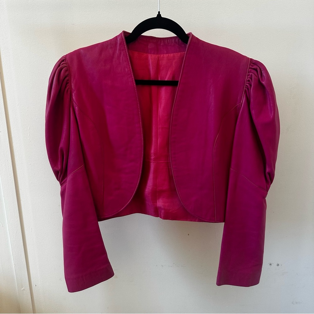 Hot Pink Vintage Lambskin Leather Cropped Jacket | Puff Sleeve Bolero | M - Picture 7 of 8